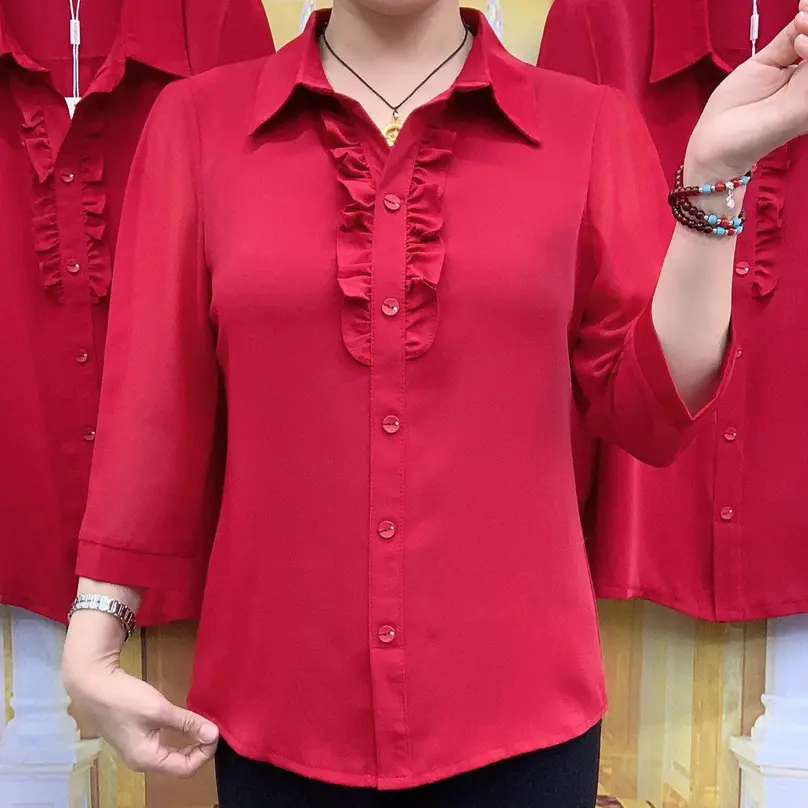 5XL Plus Size Blouses Women's Middle-aged Elderly Mothers Wear New Wine Red Fungus Lace Three-quarter Sleeve Shirt Blouse
