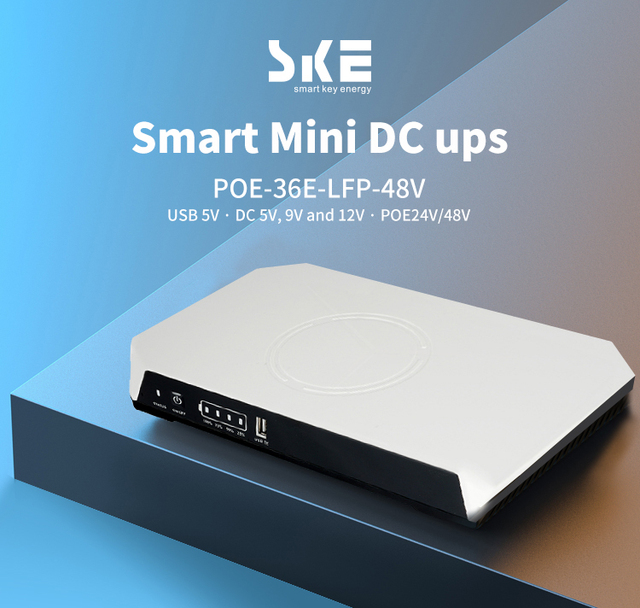 SKE Mini DC UPS with 20000mAh LiFePO4 Battery USB 5V 3A DC 9V 12V 3A POE 24V 0.8A 36W for CCTV Camera WIFI Router Single Phase