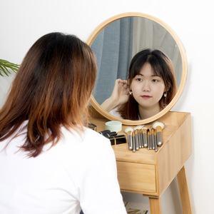 Nordic Style Solid Wood Round Mirror 30-40in Gold Frame Fogless <b>Makeup</b> Mirror Bathroom <b>Vanity</b> Wall Mount - Product Image 4