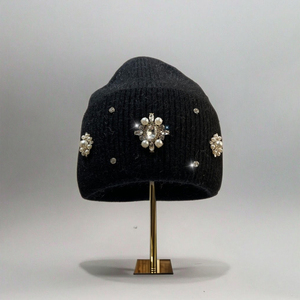 Mùa Thu Mùa Đông Beanie Hat Phụ Nữ Mới Châu Âu Retro Phong Cách Rhinestone Thỏ Dệt Kim Beanie Dày Sang Trọng Thời Trang - Product Image 1
