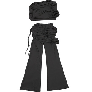 Dropshipping 2025 Trendy Crop Cut Round Neck Top Taille Haute Pantalon Plissé Légèrement Évasé Ensemble Deux Pièces pour Femmes Party Outfits - Product Image 5