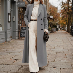 Elegant Grey Long Trench Coat Women Winter Turn-down Collar Lace Crystal Buttons Single Button Closure Wide Leg <b>Pants</b> High - Product Image 3
