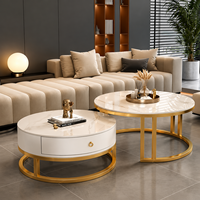 Table basse ronde moderne de style nordique avec plateau en pierre, structure métallique, rangement, mobilier de salon de luxe léger