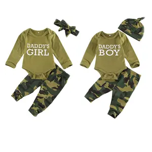 男孩女孩迷彩套装连身裤3件套秋季爸爸字母印花婴儿迷彩连身裤和帽子套装