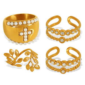 European American Style Gold Tone Pearl Cross Leaf <b>Ring</b> Jewelry Women's Party Accessories - Product Image 5