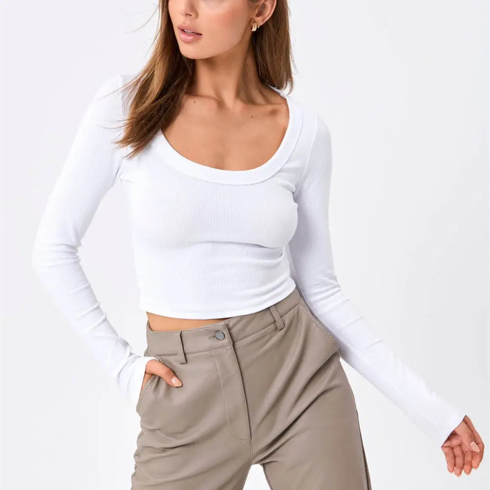 35% Cotton 60% Polyester 5% Spandex Deep U Neck Girls Crop Tops Long Sleeves Slim Fit Lady Crop T Shirts