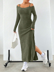 Conjunto de Moda Otoño-Invierno, Estilo Simple y Elegante, Vestido Verde con Tirantes para Mujer - Product Image 4