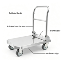 Chariot de salle blanche pliable en acier inoxydable 201, chariot de transport à plateforme pour laboratoire médical, chariot à roulettes pour atelier et alimentation