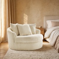 Fauteuil Cylindrique Crème Côtelé avec Coussins, Texture Large Côte, Base Ronde, pour Salon, Vente en Gros, Fournisseur d'Usine