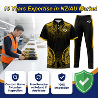 Vente en gros de kits de cricket personnalisés, polos aborigènes maoris, uniformes d'équipe de club noir et or, vêtements de sport en polyester à 3 boutons