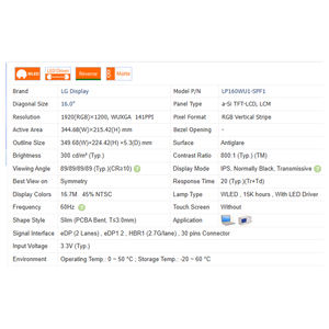 800:1 LP160WU1-SPF1 16.0 "No Touch 16:10 Laptop LCD ekranı modül 1920*1200 WLED EDP 30 Pins 63% SRGB 300 300 Cd/<span class=keywords><strong>m</strong></span>² - Product Image 6