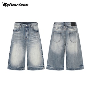 Pantalones Cortos Vaqueros Americanos Retro Personalizados, Lavados, Azules, Estilo Urbano, Vintage, Rectos, Desgastados, Blanqueados y con Efecto Desgastado - Product Image 1
