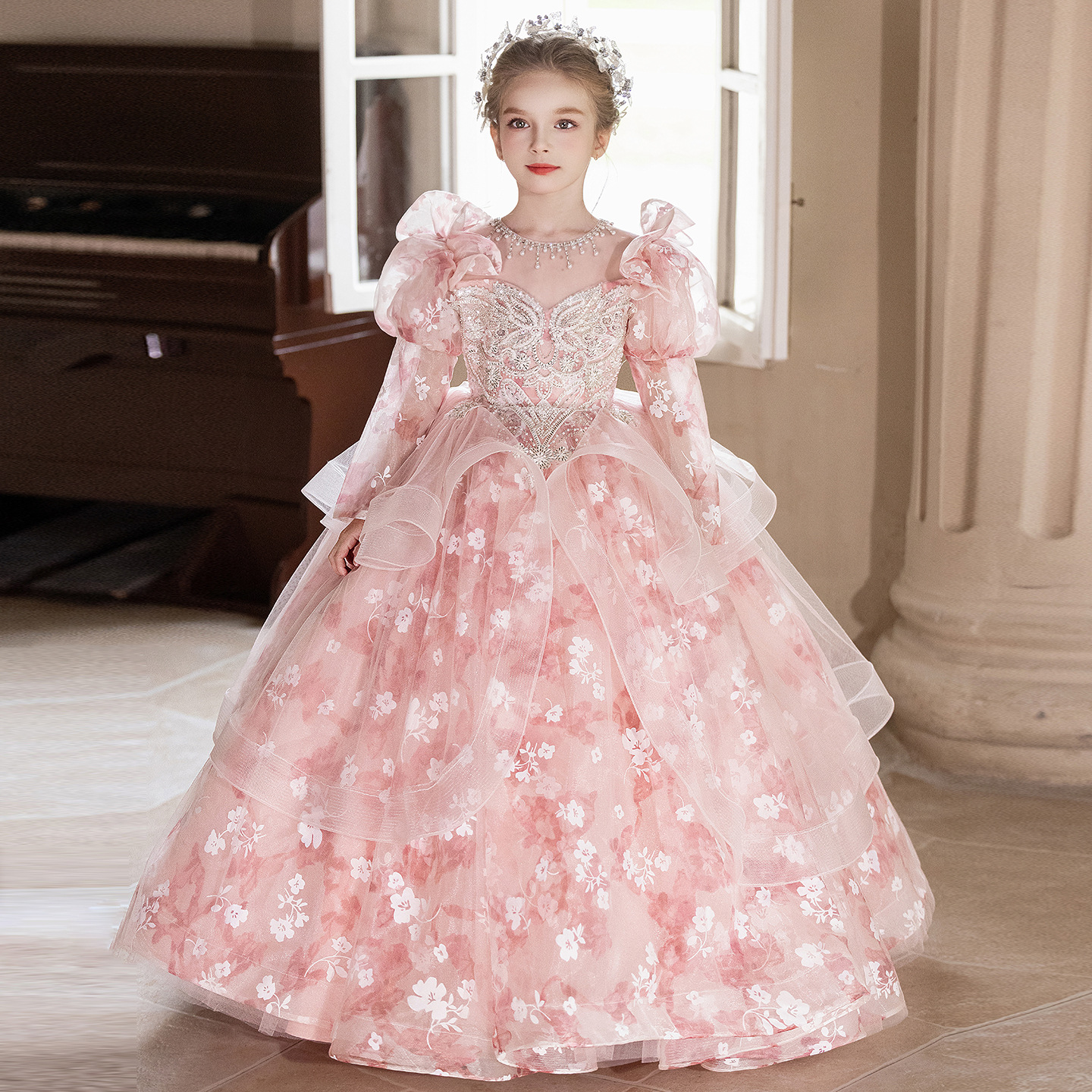 open lace back dress Ball Gown Ocean Pearls Shell Tulle Birthday Party Fancy Girl Dress, Bo