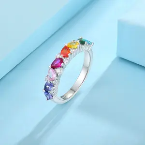Luxury Trendy Zirconia Rhodium Plated 925 Sterling Silver Women's Fashion Designer Rings With Coloured Stones