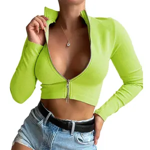 Custom Design Women Long Sleeve Turtleneck Crop Top Zip Neon Sexy Fitted Cropped Shirts Fashion Stretch Women Tank Top