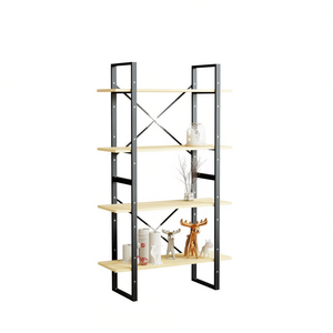 Bibliothèque en bois de pin massif à 4 niveaux avec structure en métal noir, meuble de salon moderne, étagère modulaire autoportante, finition bois naturel - Product Image 1