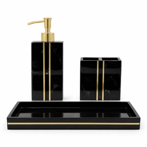 Luxury <b>Black</b> Polyresin <b>Bathroom</b> Set, Gold Inlay <b>Accessories</b> with Glossy Finish for <b>Modern</b> <b>Bathroom</b> - Product Image 1