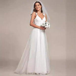 Wedding Dress A-Line V-Neck White Polyester Empire Waist Simple Straps Long Sleeve - Product Image 2