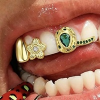 Grillz dentaire réglable en cuivre avec zircon vert motif fleur, style Hip Hop, bijoux de fête d'Halloween pour hommes et femmes, Or Argent