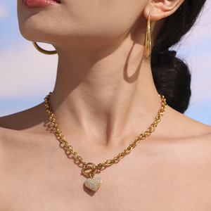 Ensemble collier et bracelet classique en acier inoxydable avec pendentif cœur en zircon - Cadeau - Product Image 6