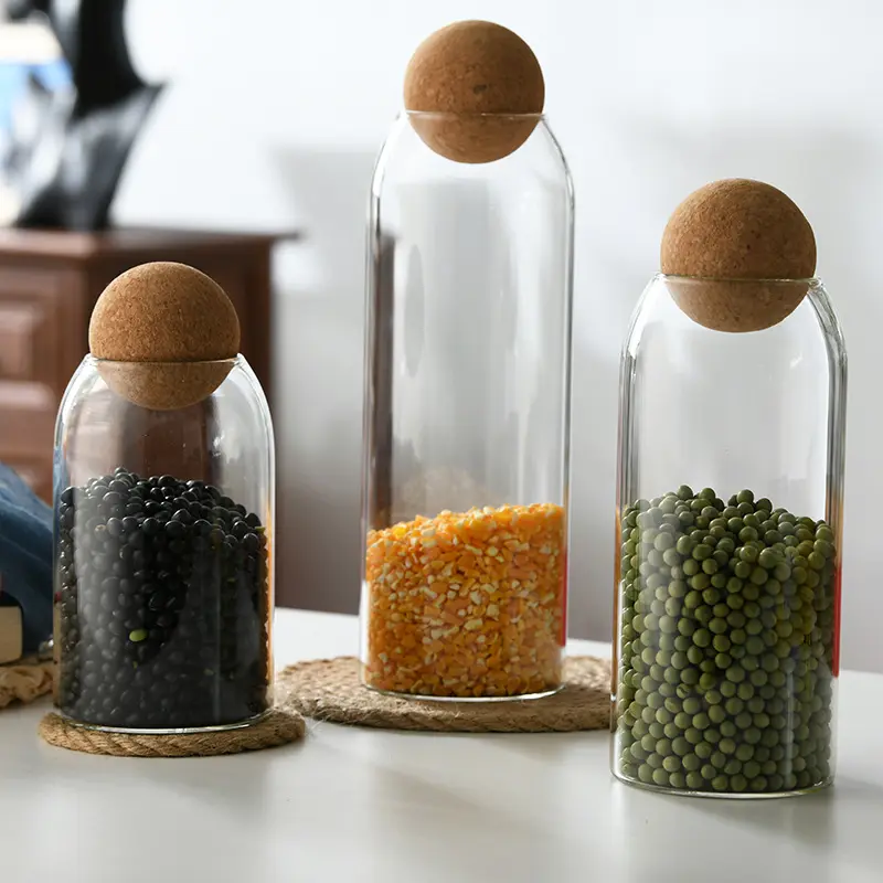 kitchen accessories containers borosilicate glass food spice jar airtight clear glass storage jar sets with Cork Lid