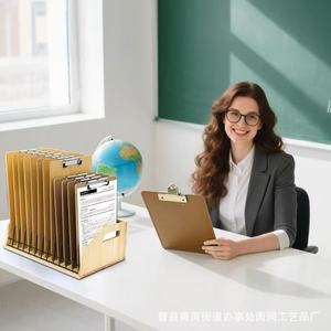 Wooden <b>File</b> Organizer Desktop <b>Storage</b> Rack With Metal Wire Dividers For Office Use Natural Wood Color Rectangle Shape - Product Image 4