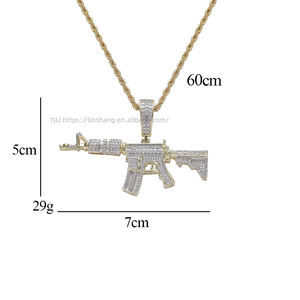 Machine Gun Pendant Necklace, Men's Hip Hop Layered <b>Chain</b>, <b>Copper</b> CZ Encrusted Iced Out Jewelry - Product Image 3