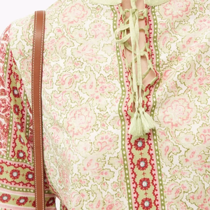 Blusa de manga larga de globo de estilo bohemio para mujer, Top informal de algodón con cordones delanteros y cuello redondo, diseño de estampado de verano tejido - Product Image 5