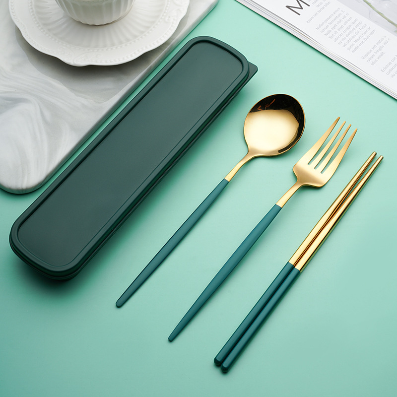 Dark Green Three-Piece Set [Fork Spoon and Chopsticks]]