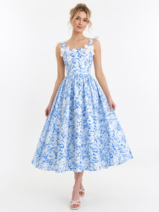 Women Vintage Bow Spaghetti Strap Midi Sundress <strong>Van</strong> Gogh Blue Floral Print a Line Party Holiday Dress Custom ODM/OEM - Product Image 2