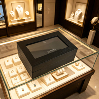 Boîte à bijoux en bois noir avec lumière LED, doublure en velours, fenêtre transparente, logo personnalisé, charnière en métal pour l'emballage, le rangement et la présentation de bijoux