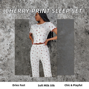 Conjunto de Pijama Fino de Verano para Mujer con Estampado de Cerezas, Volantes y Cintura Elástica Acanalada, de Manga Corta, para Comercio Exterior Transfronterizo - Product Image 2