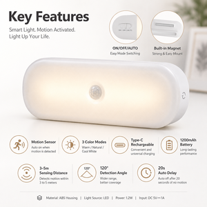 Luz Nocturna Inalámbrica con Sensor de Movimiento, Luz LED Recargable para Armario con Brillo Ajustable, 3 Modos de Color y Montaje Magnético - Product Image 5