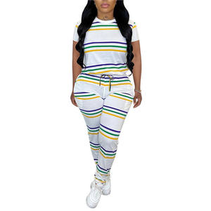 Conjunto de Dos Piezas para Mujer con Estampado de Rayas de Mardi Gras, Camiseta de Manga Corta y Pantalones Deportivos, Conjunto Deportivo 2026 - Product Image 4