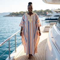 Robe Kaftan Rayée Colorée pour Femme, Col en V, Manches Courtes, Coupe Ample, Maxi, Style Africain Bohème, Tenue Décontractée pour les Fêtes, Ramadan, Modeste