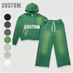Completo Sportivo Personalizzato Due Pezzi: Felpa con Cappuccio con Zip e Strass Effetto Acido e Pantaloni della Tuta Larghi da Uomo, Set Oversize Pesante - Product Image 1