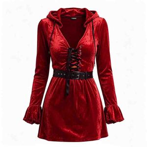 Robe de démon en velours rouge pour femme avec capuche à cornes, mini-robe gothique à lacets avec ceinture, <span class=keywords><strong>tenue</strong></span> de cosplay pour Halloween - Product Image 4