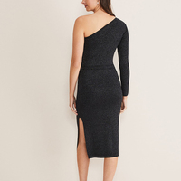 Femme Noir Robes Longues Shiny Split Metallic Sweater Knitted One Shoulder Dress