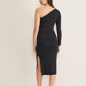 Femme <span class=keywords><strong>Noir</strong></span> Robes Longues Shiny Split Metallic Sweater Knitted One Shoulder Dress - Product Image 2