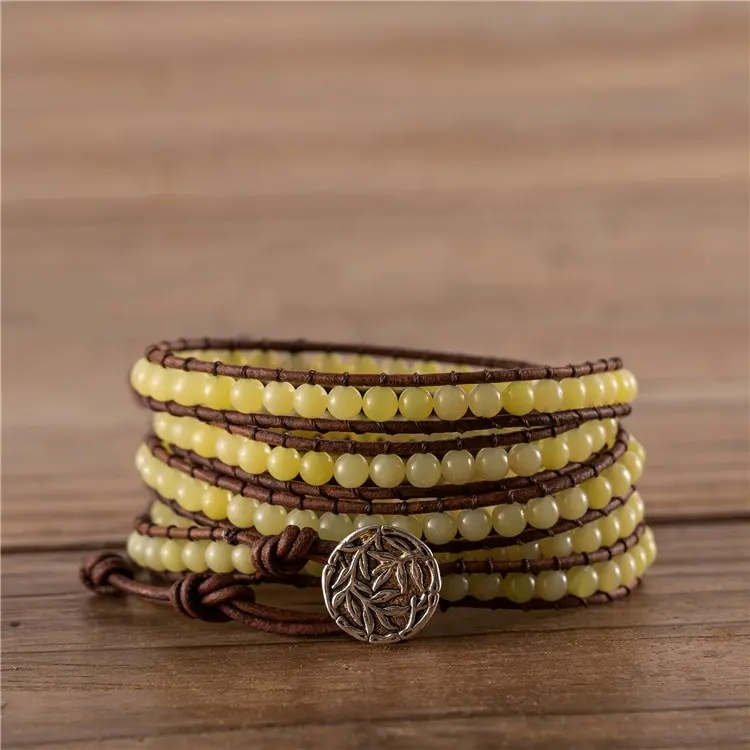YueTong 4 millimetri di Limone giada braccialetto di perline giallo naturale di pietra 5 fili cordoncino di cuoio braccialetto Esclusivo braccialetto impilabile