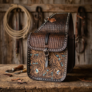 Handtooled Genuine <b>Leather</b> Customised Saddle Bag for Western Horse Motorcycle Equestrian Use Custom Logo Handcarved SS Fittings - Product Image 3