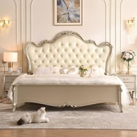Lit Double King Size Style Royal Européen, Luxe Champêtre, Princesse Française, Réglable, en Cuir et Velours, Cadre en Bois de Chêne Durable