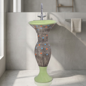 Vinus Vitrosa White Mint Green Round Ceramic Wash Basin with <b>Full</b> Pedestal Designer Bathroom - Product Image 5
