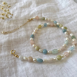 Collana di perle d'acqua dolce fatta a mano protezione guarigione irregolare perline di <span class=keywords><strong>Morganite</strong></span> collana di cristallo pastello - Product Image 2