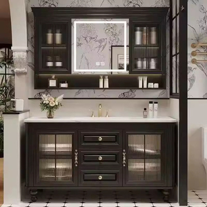 Meuble-lavabo autoportant en bois massif 36-92 pouces avec vasque en céramique, style rétro français, miroir intelligent, pour <span class=keywords><strong>hôtels</strong></span> et villas, garantie 5 ans - Product Image 1