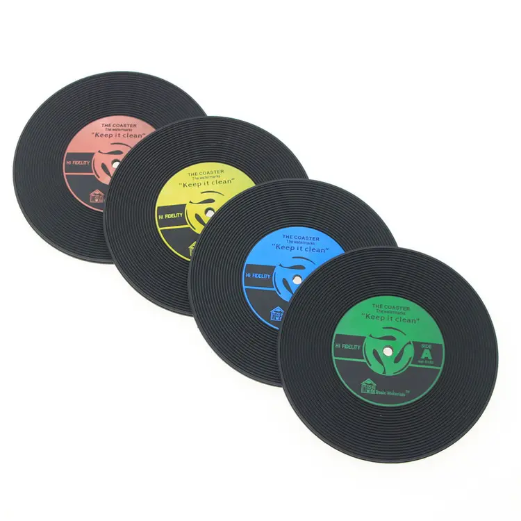 Factory Black round vinyl CD record disc silicone coaster, anti-slip soft pvc CD Coaster