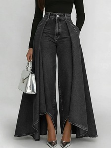 Fashion Faux Denim Printed Solid Color Button Design Casual Trousers Loose Large Flared Straight Leg Pants - Product Image 2