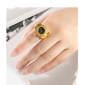 Bague Montre de Couple Couleur Or, Bijou Horloge Quartz Rétro pour Femmes Hommes, Montre Doigt Vintage Punk à <span class=keywords><strong>Mini</strong></span> Bracelet Élastique - Product Image 5