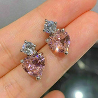Kadınlar için Pembe Kalp Kübik Zirkonya Saplama Küpe, 14mm, Beyaz Altın Kaplama Pirinç Kore Tarzı, Beyaz Altın