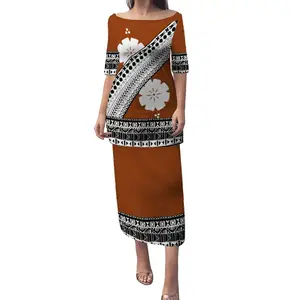Fiji Puletasi Tapa Designsドレスサモアポリネシア部族ツーピースドレスPODカスタマイズされた女性の教会の伝統的な服